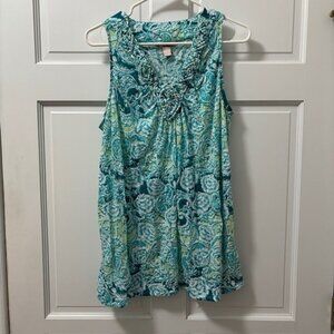 Women's Large 12/14 White Stag Blue Floral Sleeveless Tank Blouse